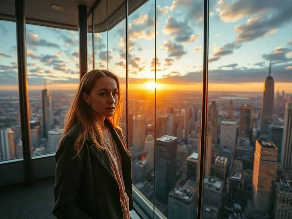 Kobieta podziwiająca panoramę Warszawy z tarasu widokowego Varso Tower podczas zachodu słońca.