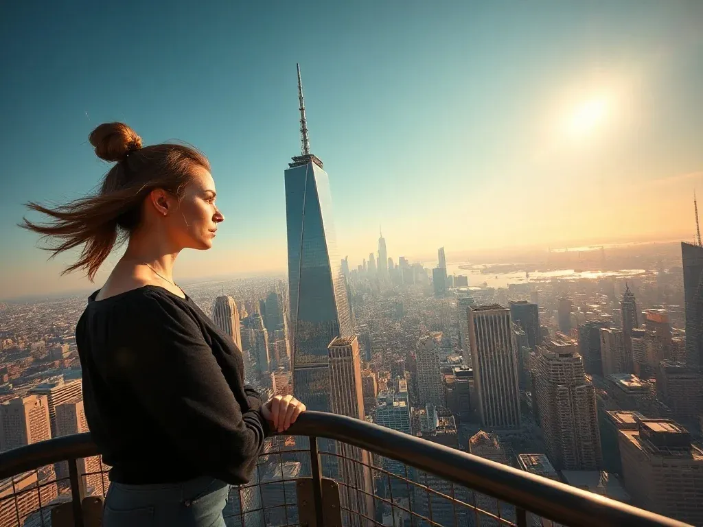 Kobieta podziwiająca panoramę miasta z tarasu widokowego na szczycie wieżowca Sky Tower w promieniach zachodzącego słońca.