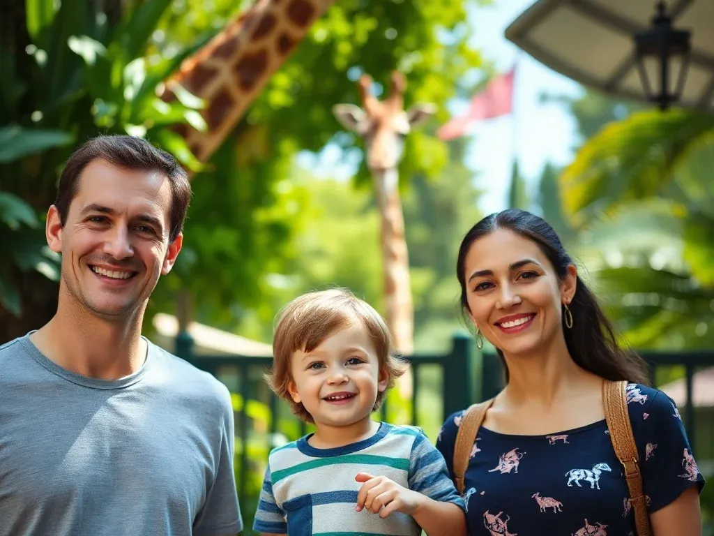 Szczęśliwa rodzina przed wejściem do wrocławskiego zoo w słoneczny dzień, z widoczną w tle żyrafą.