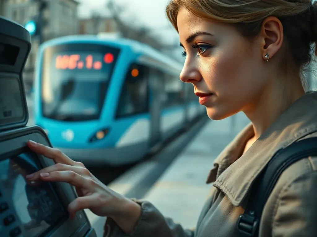 Kobieta kupuje bilet w nowoczesnym biletomacie na przystanku tramwajowym w Warszawie.