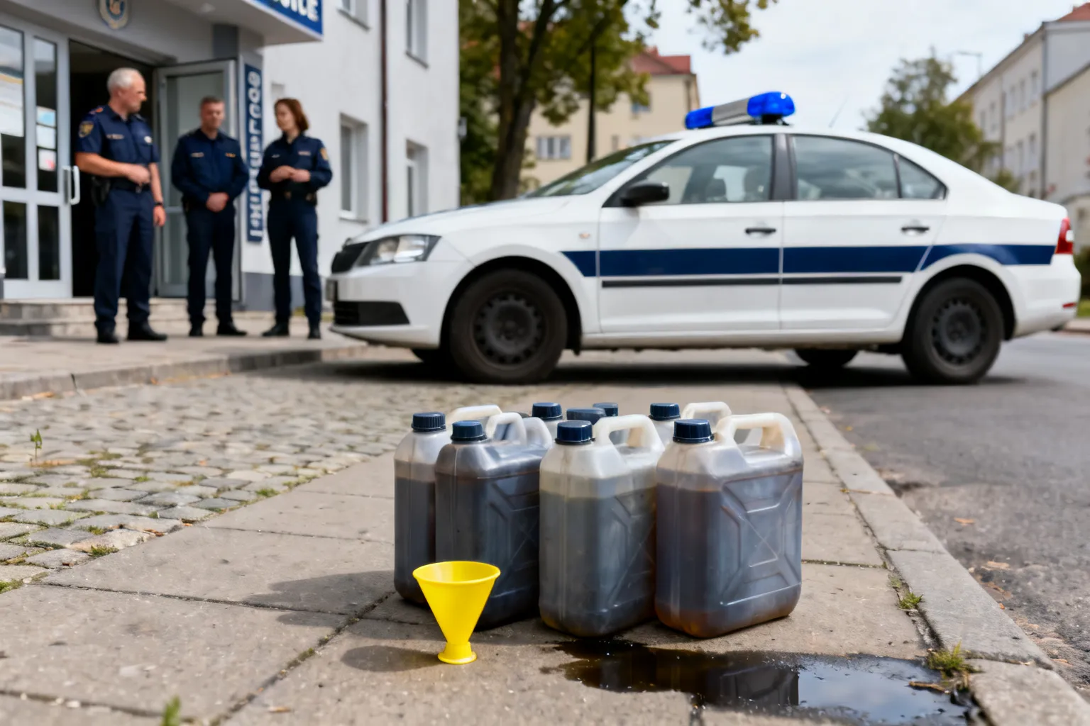 Torby z paliwem pozostawione przed komendą w Ciechanowie — zatrzymano 78-latka