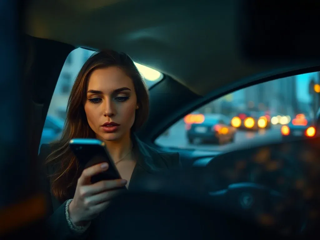 Kobieta siedząca na tylnym siedzeniu taksówki, sprawdzająca trasę przejazdu w smartfonie na tle wieczornego miasta.