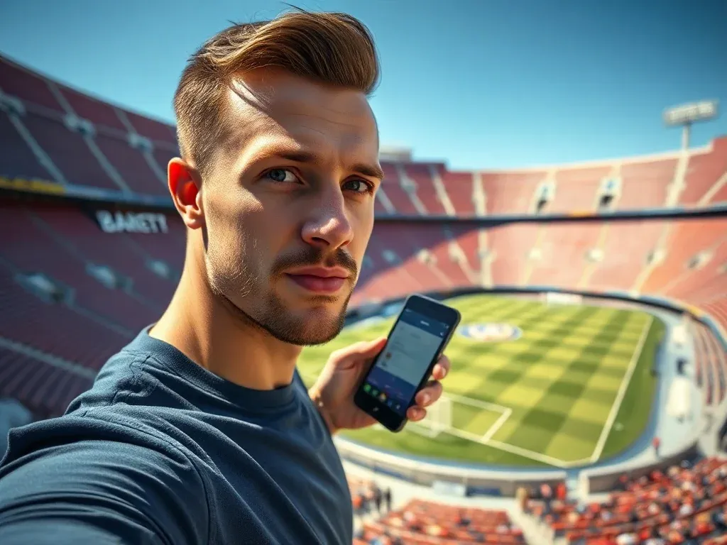 Kibic trzymający w dłoni bilet na tle słonecznej murawy i trybun stadionu Camp Nou w Barcelonie.