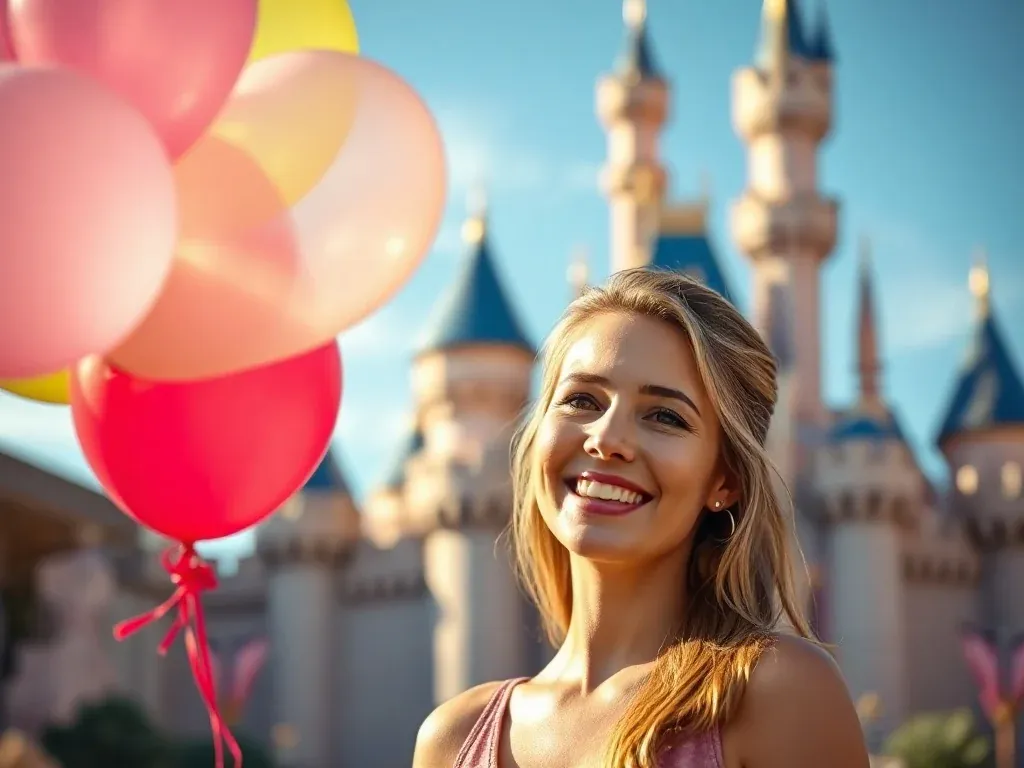 Uśmiechnięta kobieta z balonem przed zamkiem w Disneylandzie w Paryżu w słoneczny dzień.